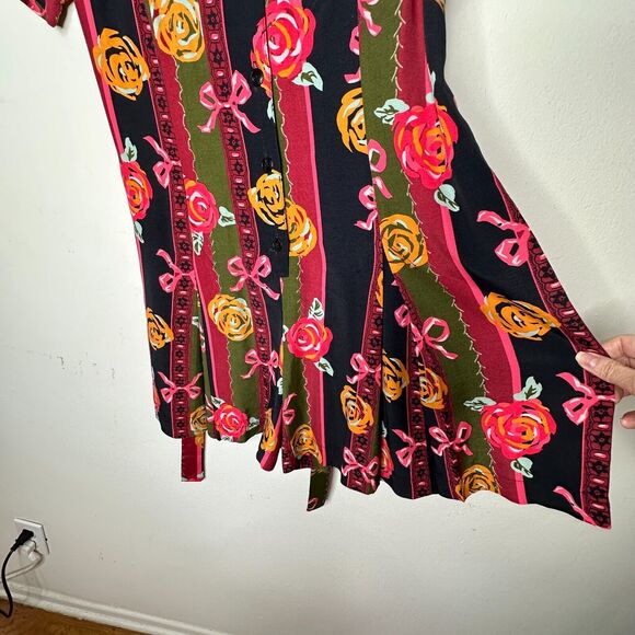 NWT RARE Vintage Dead Stock Black Green Stripe Red Rose Pink Bow Romper Medium - Picture 5 of 9